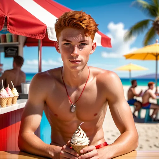 Prompt: Hot, slim, 19 year old guy with a slender physique sitting in a beach side ice cream shop and having an ice cream sundae. He has on red swim trunks, and no shirt, he has short red hair buzzed shorter on the sides and back, he has some cute freckles on his cheeks. Full body portrait. Realistic Lighting. Photo Realistic. Slender body.