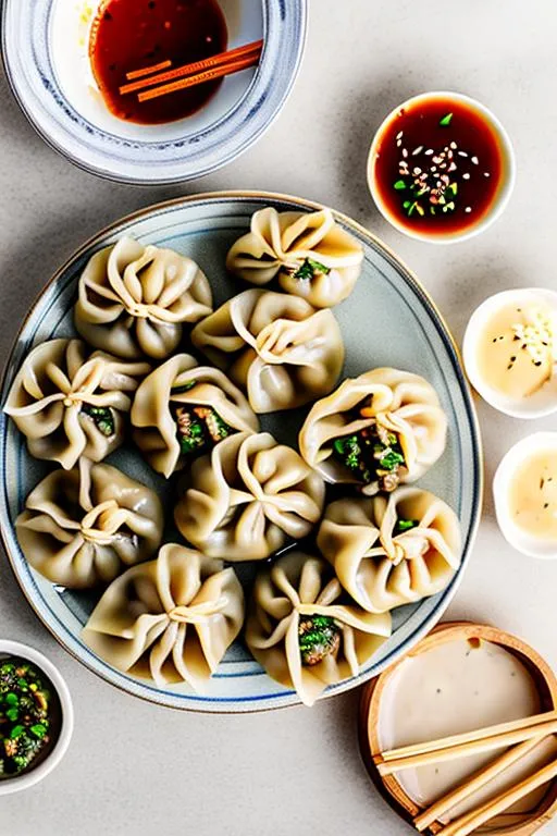Prompt: dumplings and dipping sauce