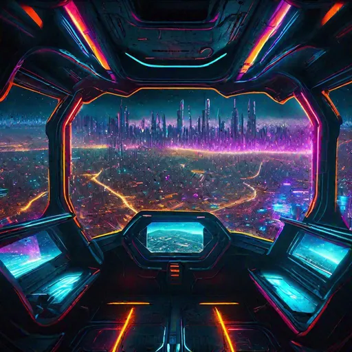 Prompt: looking out through the window of a spaceship, flying through a futuristic neon-lit dystopian cyberpunk city, dramatic lighting, ((photorealism:1. 5), (photorealistic:1. 4), (8k, RAW photo, masterpiece), High detail RAW color photo, (highest quality), ultra high resolution, highly detailed CG unified 8K wallpapers, physics-based rendering, realistic, realism, high contrast, hyperrealism, rich colors, hyper-realistic lifelike texture, cinestill 800), hyper detailed, shot on Hasselblad H4D 200MS Digital Camera, Mitakon Speedmaster 65mm f/ 1. 4 XCD, Galaxy, Dimensional effect, Fresnel lighting