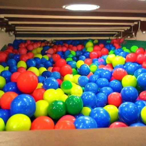 Prompt: the backrooms filled with ball pit balls 
