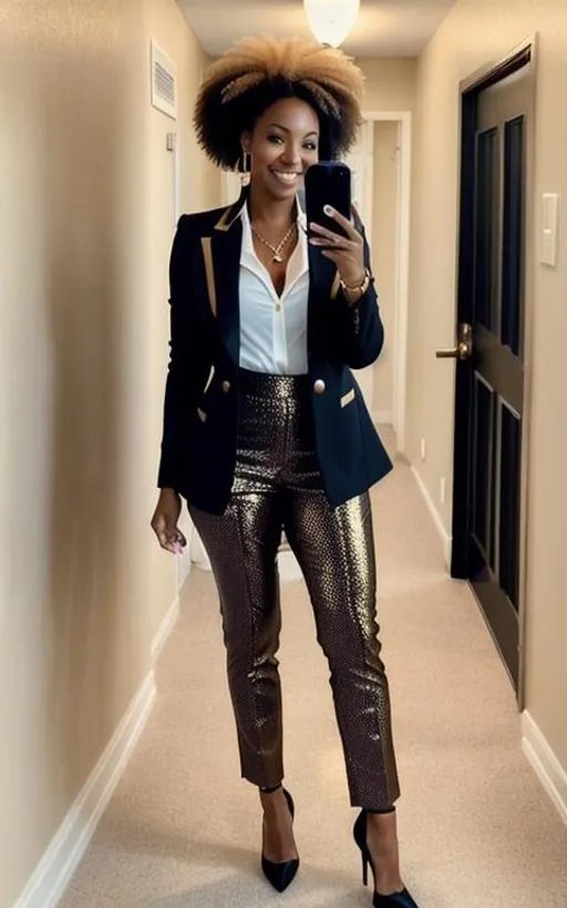 Prompt: a woman standing in a hallway next to a little dog, instagram, natural hair, red gold and black outfit, wearing a blazer, various posed, outfit-of-the-day, cream colored blouse, lady kima, with a beautifull smile, high quality footage, imane anys, solid background, 2019 trending photo