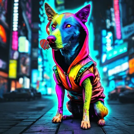 Prompt: colorful cyberpunk dog
 with hoodie

