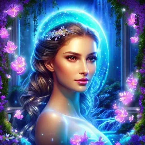 Prompt: HD 4k 3D 8k professional modeling photo hyper realistic beautiful woman ethereal greek goddess of well being
green ombre hair ponytails brown eyes gorgeous face pale skin shimmering dress jewelry leaves and flower crown full body surrounded by magical glowing light hd landscape background tranquil pool with waterfall waterliles