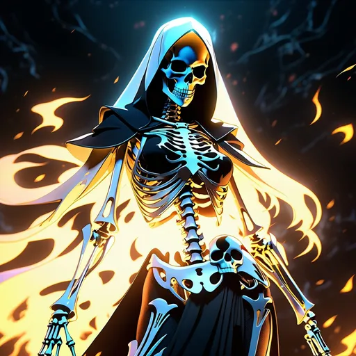 Prompt: Highly detailed 4k UHD anime illustration of a female ghost rider Nun, skeleton form perfect autonomy body shape, muscular slim body tone, defined abs, anime, horror, skeletal features, intense eyes, dark atmosphere, hauntingly beautiful, atmospheric lighting, eerie glow, highres, detailed skeletal structure, spectral aura, professional