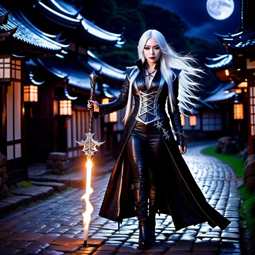 Prompt: 8K photo, cinematic, dark gothic horror, Beautiful Japanese female Shadow Mage, flowing white hair, dark makeup, read leather vest with silver runic markings, intricate face, black leather duster and boots, holding a glowing staff with arcing bolts of plasma, nightscape, cobblestone lane, highly detailed