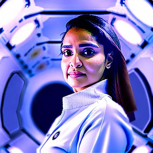 Prompt: Shaima Ali is a futuristic civil servant dressed in a Space-1999-inspired business suit on a space station. photorealistic, accurate face
