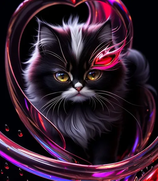 Prompt: surreal puffy liquid red gold silver jade (Beautiful {Furry!!! Persian}kitten plasma, Beautiful big {heart-shaped}reflective eyes, long flowing hair), hyper realistic, expansive psychedelic background, hyper realistic, 8K --s99500