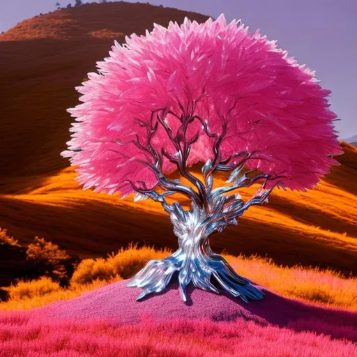 Prompt: Crystal tree on a pink hill