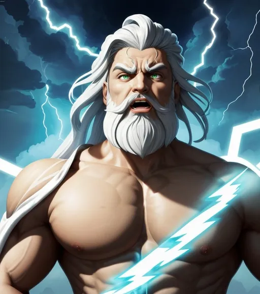Prompt: A colorful, modern cartoon-style illustration of Zeus with his jaw dropped in pure shock. He’s wearing a bright, oversized toga with thunderbolt patterns, and his wide glowing eyes and exaggerated open mouth make him look both powerful and ridiculous. His long white hair and beard fly upward from the shock. The background is a simplified Olympus skyline with bright comic clouds and exaggerated lightning. Thick outlines, bold colors, and playful expression dominate the scene.