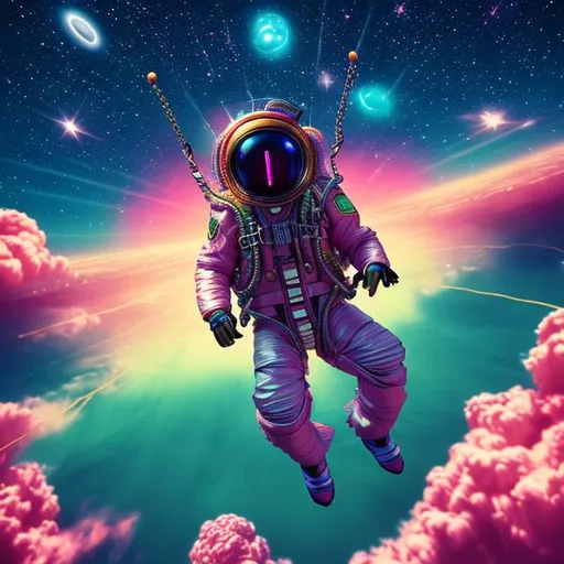 Prompt: retro photograph of a  sky diver, retro, vaporwave, synthwave, neon, highly detailed, sky diver, parachute, galaxy background