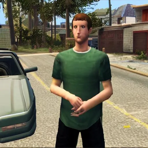 Prompt: Grand Theft Auto San Andreas (2004) awkward cutscene mod featuring Uncanny valley ((Mark Zuckerberg)) cosplaying as young CJ Carl Johnson from GTA San Andreas, white sleeveless tanktop, player model, grove st, mod, focus on face, protagonist, ghetto, psp screenshot, ps1 gameplay, Dreamcast graphics, San Andreas Mod, GTA SA, Compton, curly Caesar haircut, Oblivion npc