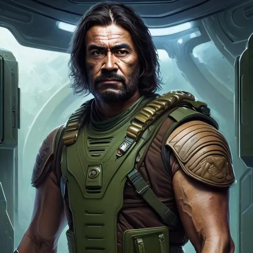 Prompt: Oil painting of a man with Māori features and brown hair handsome face, In futuristic storage bay, wearing futuristic military green protective vest over whole torso with no sleeves, purple shorts with bare legs, perfect composition, hype realistic, super detailed, 8k, high quality, trending art, trending on artstation, sharp focus, studio photo, intricate details, highly detailed, by greg rutkowski