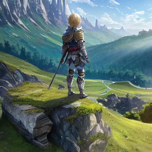 Prompt: (4k, high quality, Masterpiece)
A kid in a Knight armor, standing on the edge of a cliff, mountains in the background