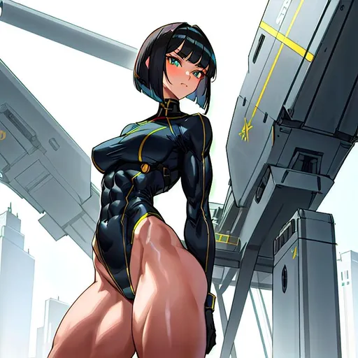 Prompt: a lonely AI girl, very tall, thick muscular thighs, wide hips, huge muscular glutes, long muscular legs, muscular arms, muscular abs, slender waist, big beautiful symmetrical eyes, intriguingly beautiful face, aloof expression, bob haircut with bangs, wearing War fashion clothes, Tactical Military fashion, 36K resolution, hyper-professional, impossible quality, impossible resolution, impossible detail, hyper output