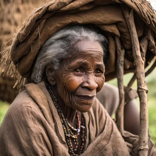 Prompt: An old African woman sitting in front of a hut 