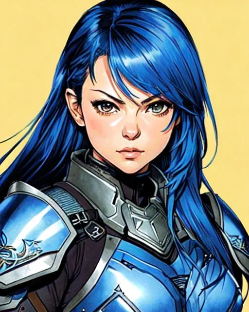 Prompt: (((Yoji Shinkawa))), sticker of ultra detailed portrait of mila kunis in heavy blue armor showing midrift, blue hair, high quality cell shaded illustration in high fantasy style by Yoji Shinkawa,(((dynamic pose))), ((full body)),  perfect anatomy, centered, freedom, soul, blond very long hair, approach to perfection, cell shading, 4k , cinematic dramatic atmosphere, watercolor painting, global illumination, detailed and intricate environment, artstation, concept art, fluid and sharp focus, volumetric lighting, cinematic lighting, Art by Yoji Shinkawa,
