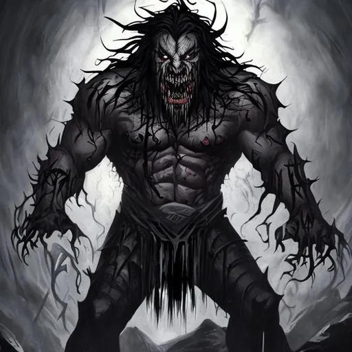 Prompt: Dark God with long black hair, black eyes and razor sharp teeth