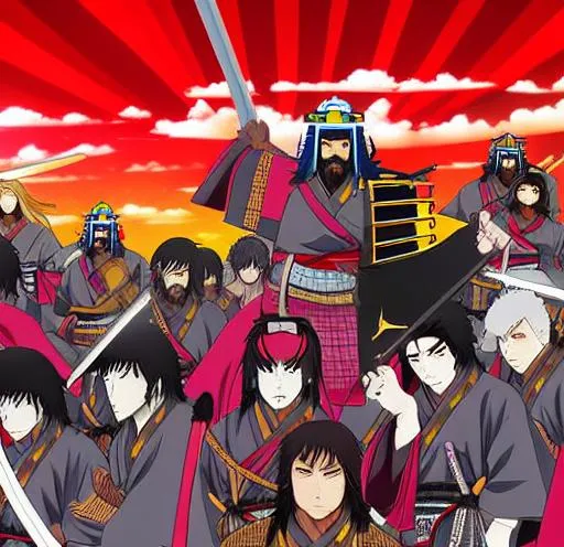 Prompt: Anime war scene graphic High detail Samurai warrior crusaders with Jesus Christ as depicted in the book of  revaltion coming out of heaven one side is the gathering of The chosen to ride victory against the enemy Satan and his fallen cyberpunk ninjas on the opposite side 