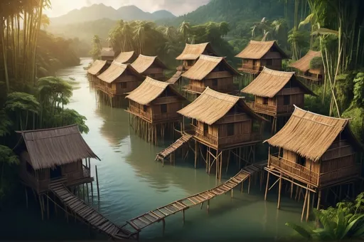 Prompt: Fantasy Illustration of a big djungle settlement, wooden malay houses, surrounded by a river, on stilts, Vernacular roof made from bamboo, birdview, dramatic fantasy settlement scene, cinematic lighting