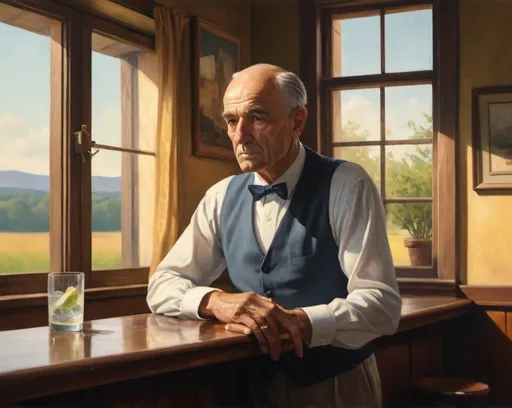 Prompt: (Edward Hopper style painting), old Italian man, countryside bar scene, drinking gin and tonic, serene atmosphere, worn wooden bar, soft golden light, (cinematic quality), thoughtful expression, waiter in waistcoat and bow tie, rustic background, lush greenery visible through window, inviting ambiance, elegant details, subtle shadows, capturing moment of solitude, high definition 4K.