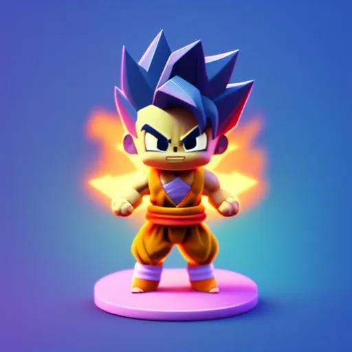 Prompt: Tiny angry isometric super saiyan 3, soft smooth lighting, with soft colors, 100mm lens, in focus, 3d blender render, trending on polycount, modular constructivism, blue background, physically based rendering, centered.