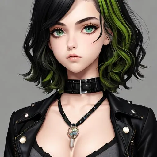 Prompt: An insanely beautiful girl around 21 years old. punk clothes. perfect anatomy, symmetrically perfect face. perfect grey eyes. beautiful short black wavy hair with green streaks. no extra limbs or hands or fingers or legs or arms.