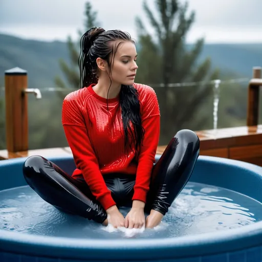 Prompt: photo of young woman, soaking wet clothes, black sneakers, long black tight leggings, red long-sleeved sweater,  , sitting in the hot tub,   enjoying, water dripping from clothes, clothes stuck to body,  detailed textures of the wet fabric, wet face, wet plastered hair,  wet, drenched, professional, high-quality details, full body view.