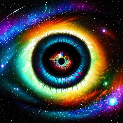 Prompt: eye, floating in a galaxy, a very black background, drugs art

