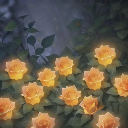 garden, mystical, yellow orange lights, rose pink ro... | OpenArt