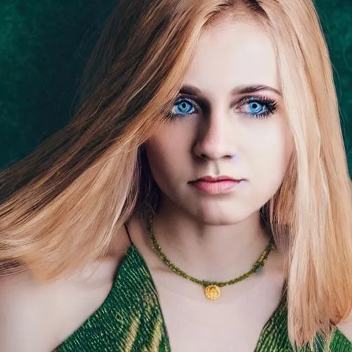 Prompt: A woman portrait golden hair white roses green eyes necklace