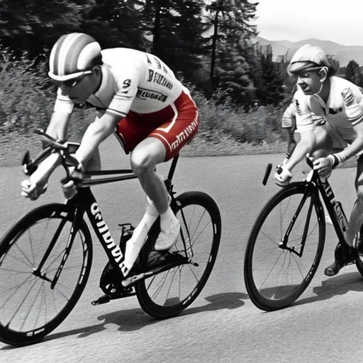Prompt: Donal Trump an Justin Trudeau  racing against each other in the 197 0tour du France . 




