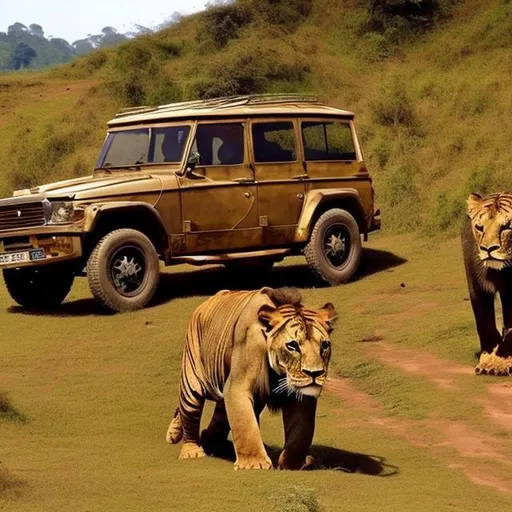 Prompt: Car on hills , lion,elephant,tiger,human