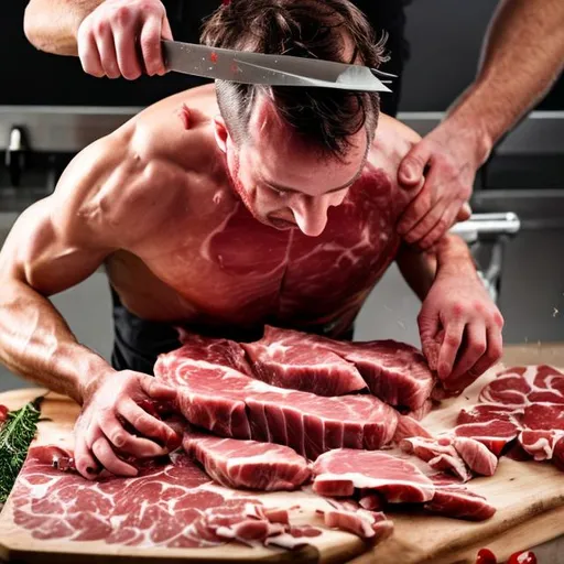 Prompt: man made of meat being cut up