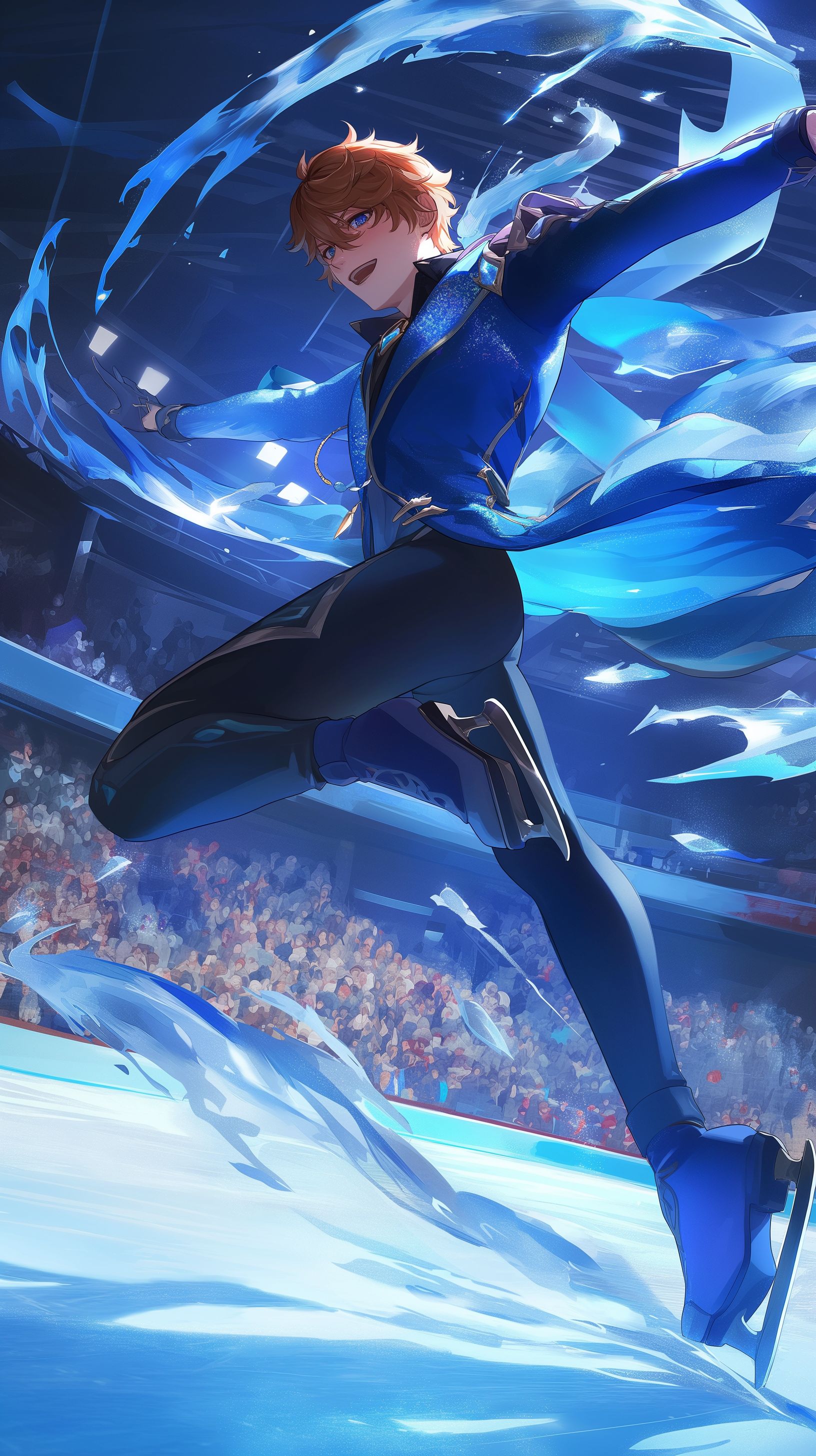 Prompt: Tartaglia from Genshin Impact, Dressed in blue form fitting figure skating costume, jumping in the air doing a spin over the ice below him, the ice falls off the front of the skate from impact, graceful, blush, intense, a crowd of onlookers watch from behind the barrier at a rink/venue --ar 9:16 --niji 6 