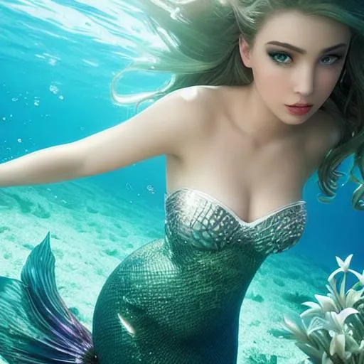 Prompt: Cinematic, 8k, unreal, Portrait of a mermaid, underwater, white lilies, shells, mirror, marvel comics, intricate, highly detailed, smooth, artstation, digital illustration by iiearwork