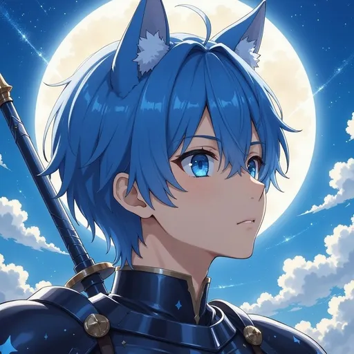 Prompt: a male anime character with blue hair, wolf ears and a sword on his back, shimmering dark black armor, side view, with a holy light background and stars in the background, Ay-O, sots art, official art