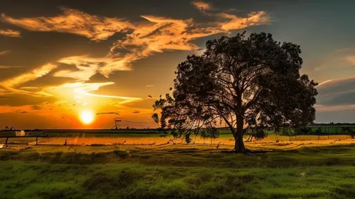 Prompt: The sun is setting behind a large tree in the middle of a lush, green field. The sky is filled with clouds and the horizon is illuminated by an orange afterglow. The tree stands tall amongst its surroundings, its many branches reaching up towards the sky. In the distance, there are people walking along a fence that runs through the field. Nature's beauty can be seen all around as sunlight cascades down onto this peaceful landscape. This tranquil scene captures both serenity and awe-inspiring grandeur at once, making it an ideal image for any collection of captivating photographs