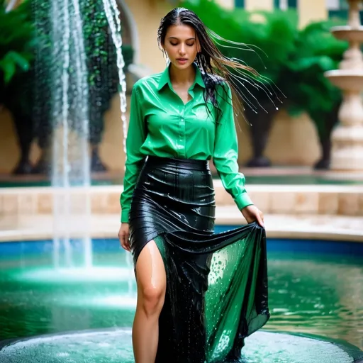 Prompt: photo of young woman, soaking wet clothes, High heels, Long black skirt, Green long sleeve shirt,  , In fountain,   enjoying, water dripping from clothes, clothes stuck to body,  detailed textures of the wet fabric, wet face, wet plastered hair,  wet, drenched, professional, high-quality details, full body view.