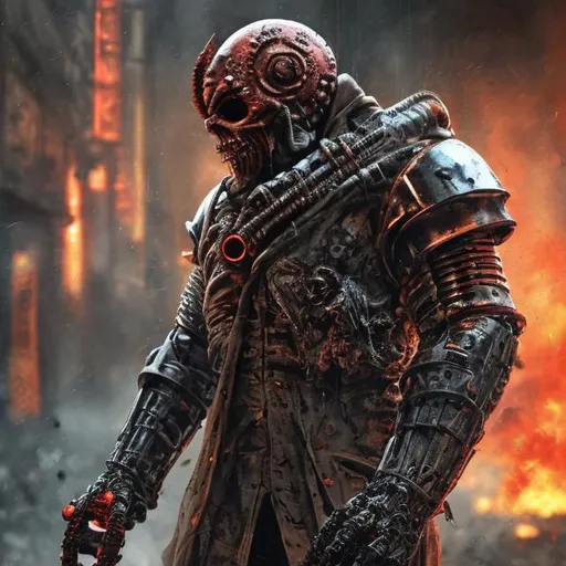 Prompt: Redesigned Gritty cybernetic futuristic military metal tarnished copper detailed armour. dark evil nazi-redskull-hellboy-wolverine. Bloody. Hurt. Damaged mask. Accurate. realistic. evil eyes. Slow exposure. Detailed. Dirty. Dark and gritty. Post-apocalyptic Neo Tokyo with fire and smoke .Futuristic. Shadows. Sinister. Armed. Fanatic. Intense. 