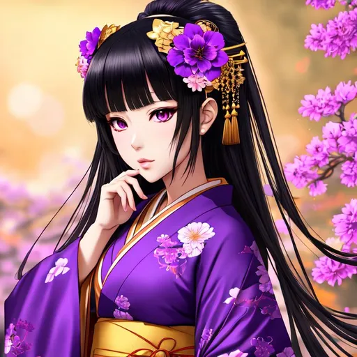 Prompt: anime girl, kimono, anime style, hyper detailed, high quality, perfect shading, realistic lighting, golden ratio, perfect composition, black hair, purple eyes
