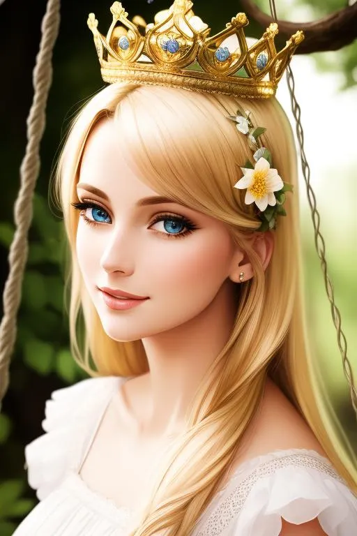 Prompt: cinematic portrait of gorgeous blonde lady( beautiful eyes, detailed face, smiling, symmetrical body) wearing crown made of flowers, swinging on a swing , rope made of flowers,  in forest, eye contact, realistic
