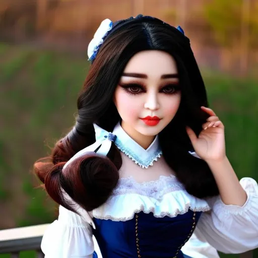 Prompt: A Asian woman turned into a porcelain doll wearing a victorian dress.