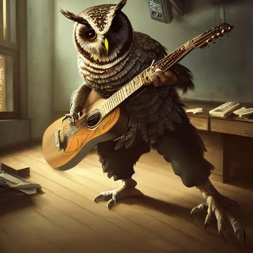 Prompt: owl ninja playing the guitar, indoor hospital background, perfect composition, hyperrealistic, super detailed, 8k, high quality, trending art, trending on artstation, sharp focus, studio photo, intricate details, highly detailed, by greg rutkowski