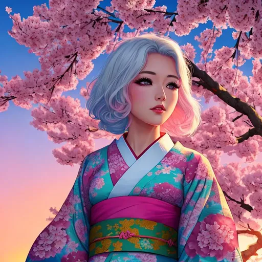 Prompt: draw me a beautiful girl wearing a floral kimono looking off at the sunrise. vaporwave aesthetic, white hair, colorful, sakura flowers, high resolution background,