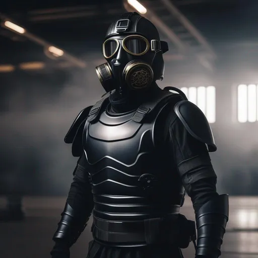Prompt: A modern roman military male in black military roman armor, and gas mask, background sci fi hangar deck, Hyperrealistic, sharp focus, Professional, UHD, HDR, 8K, Render, electronic, dramatic, vivid, pressure, stress, nervous vibe, loud, tension, traumatic, dark, cataclysmic, violent, fighting, Epic