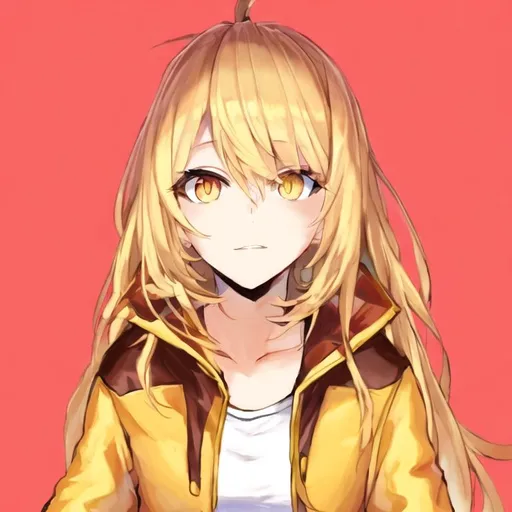 Prompt: Portrait of a cute girl with long, blonde hair and golden eyes in a jacket 