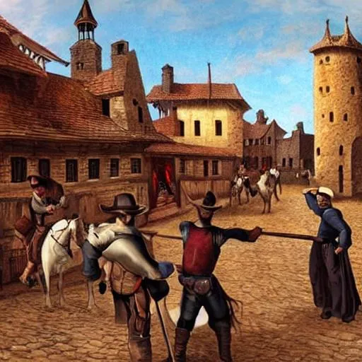 Prompt: Medieval city with cowboys shooting each other