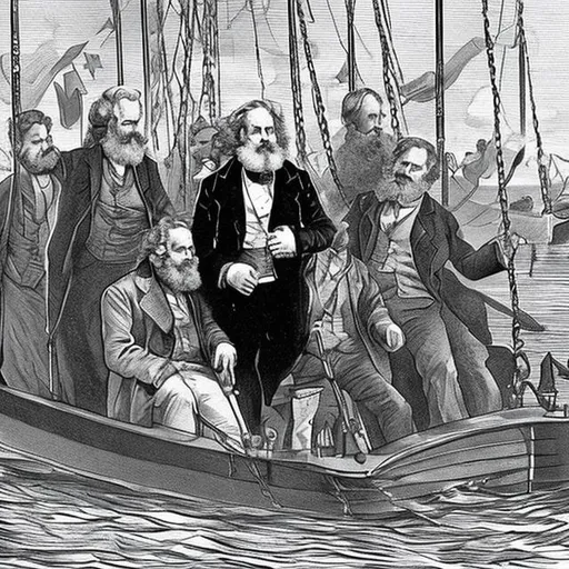 Prompt: rich karl marx on a boat with hoes