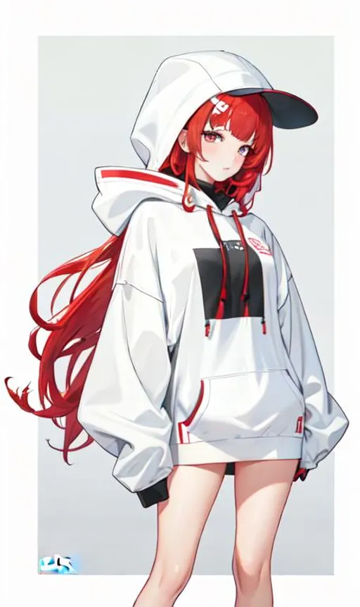 Prompt: Haley (bright red hair) blushing, 8k, UHD, highly detailed, best quality, wearing an oversized hoodie that goes past her thighs