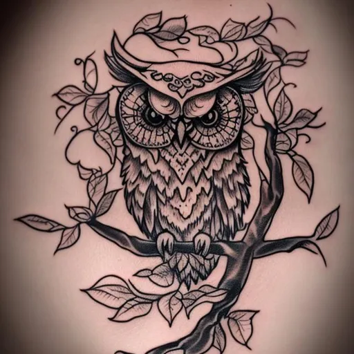Prompt: owl in a dogwood tree, tattoo art